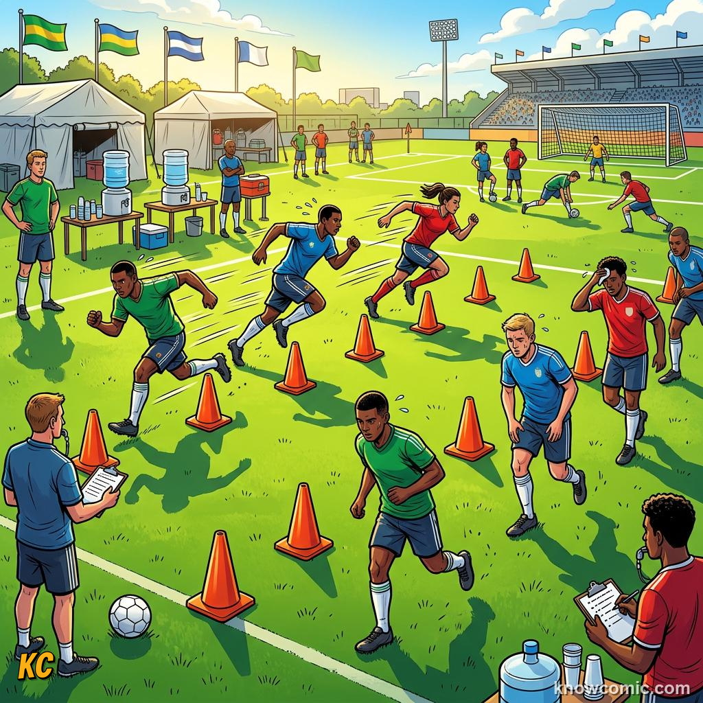 Comic panel titled the world cup body, labelled acceleration, from the KnowComic World Cup 2026 lesson on footballer fitness - 10 km a match