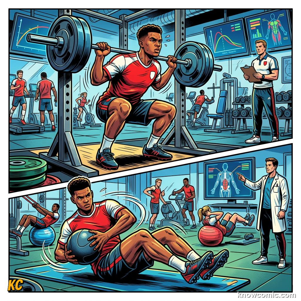 Comic panel titled the world cup body, labelled intervals, from the KnowComic World Cup 2026 lesson on footballer fitness - 10 km a match