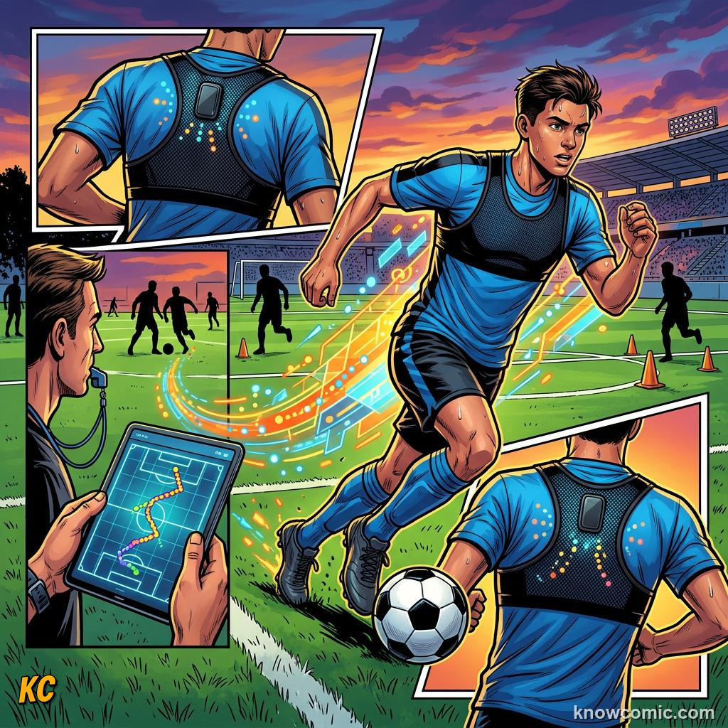 Comic panel titled the world cup body, labelled strength, from the KnowComic World Cup 2026 lesson on footballer fitness - 10 km a match