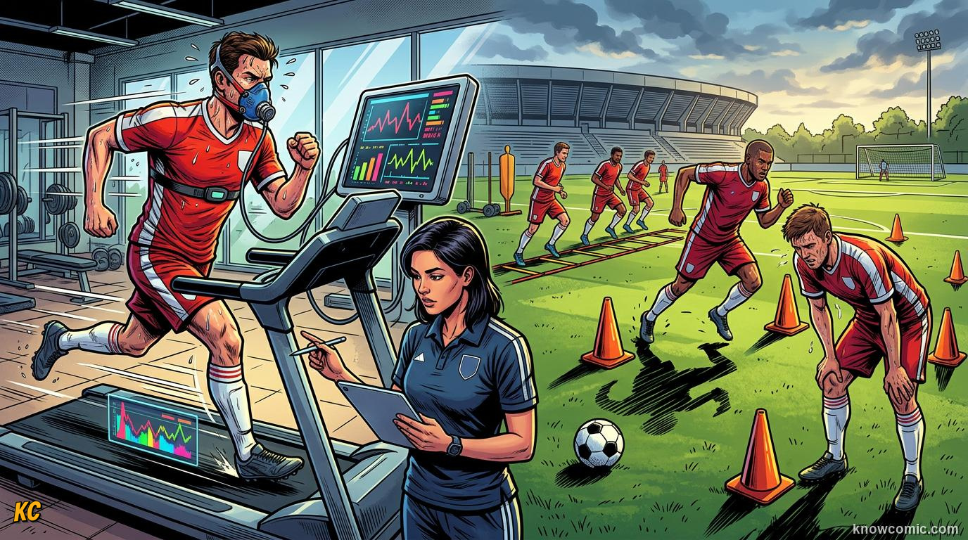 Comic panel titled the world cup body, labelled training blocks, from the KnowComic World Cup 2026 lesson on footballer fitness - 10 km a match