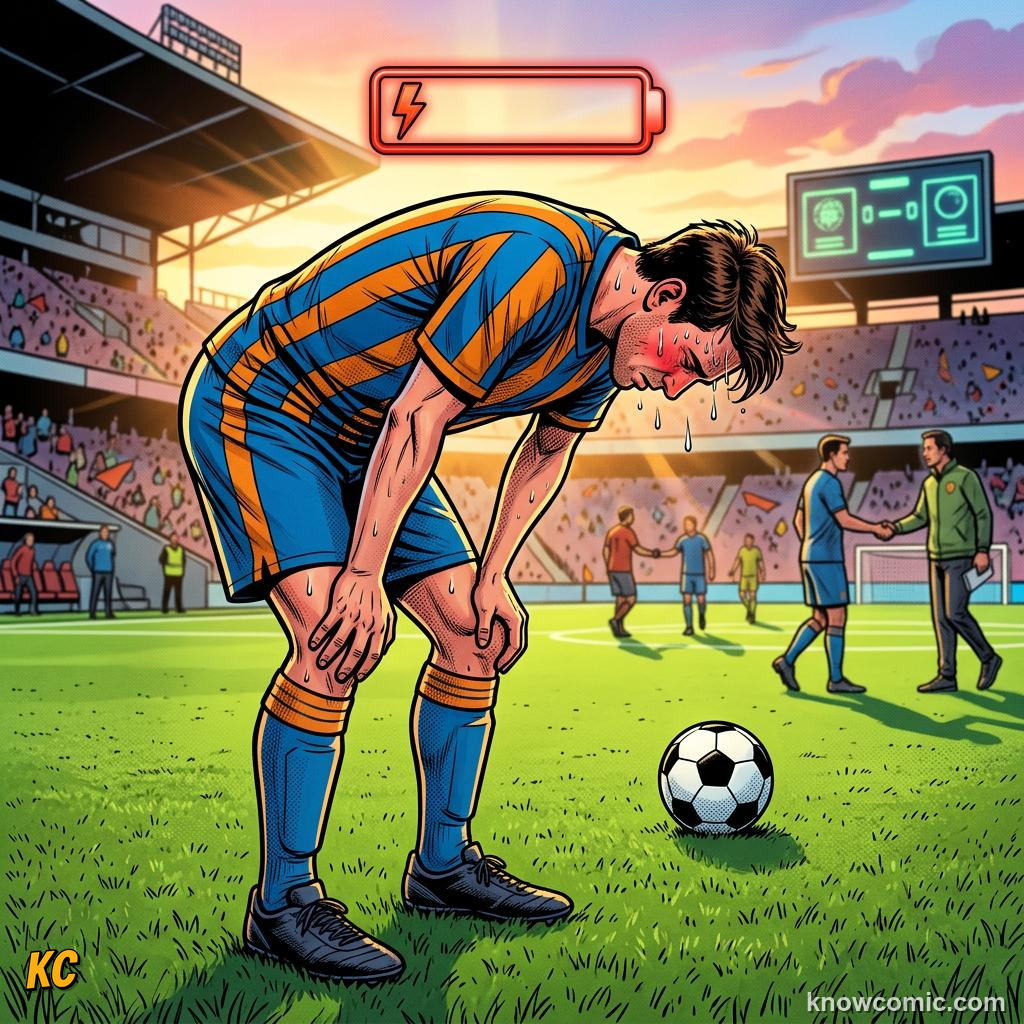 Comic panel titled the world cup body, labelled anaerobic, from the KnowComic World Cup 2026 lesson on footballer fitness - 10 km a match