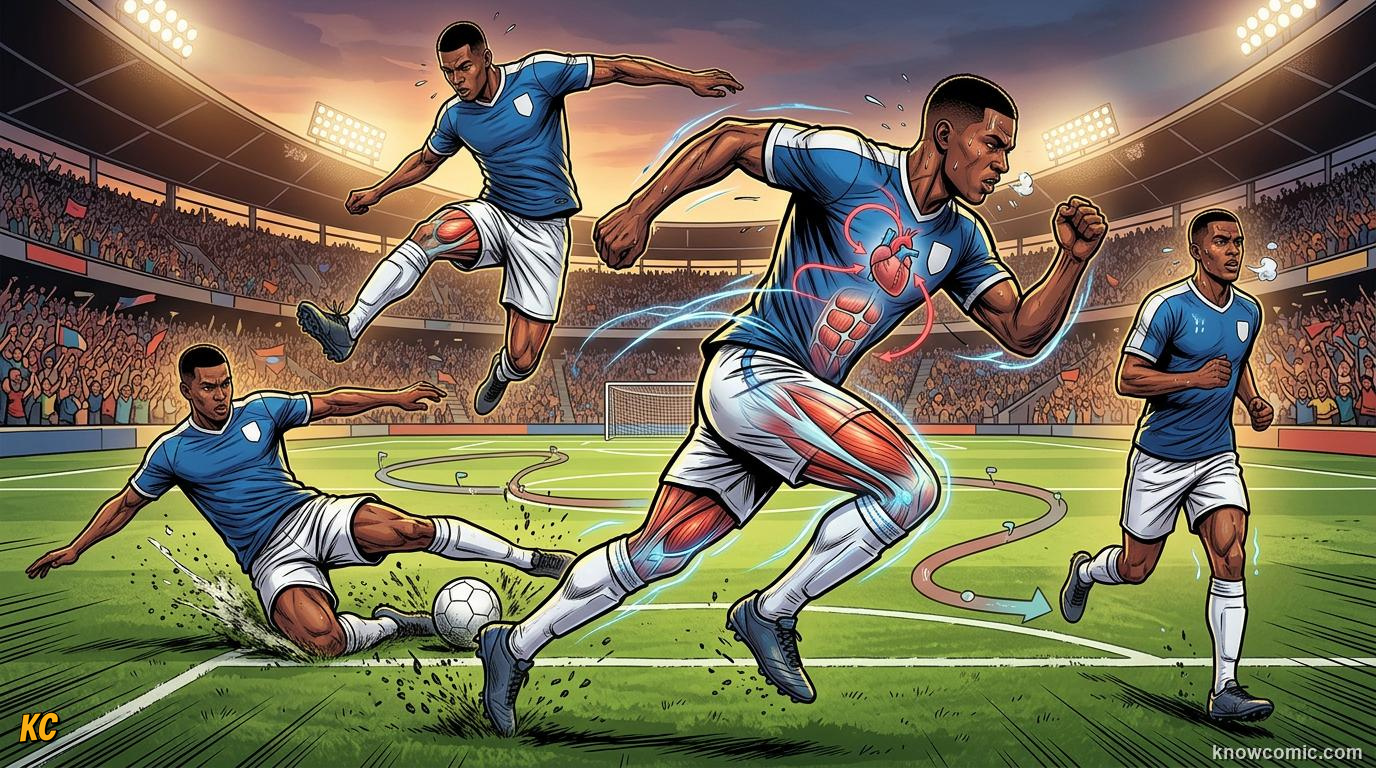 Comic panel titled ready for world cup 2026, labelled bounce back, from the KnowComic World Cup 2026 lesson on footballer fitness - 10 km a match