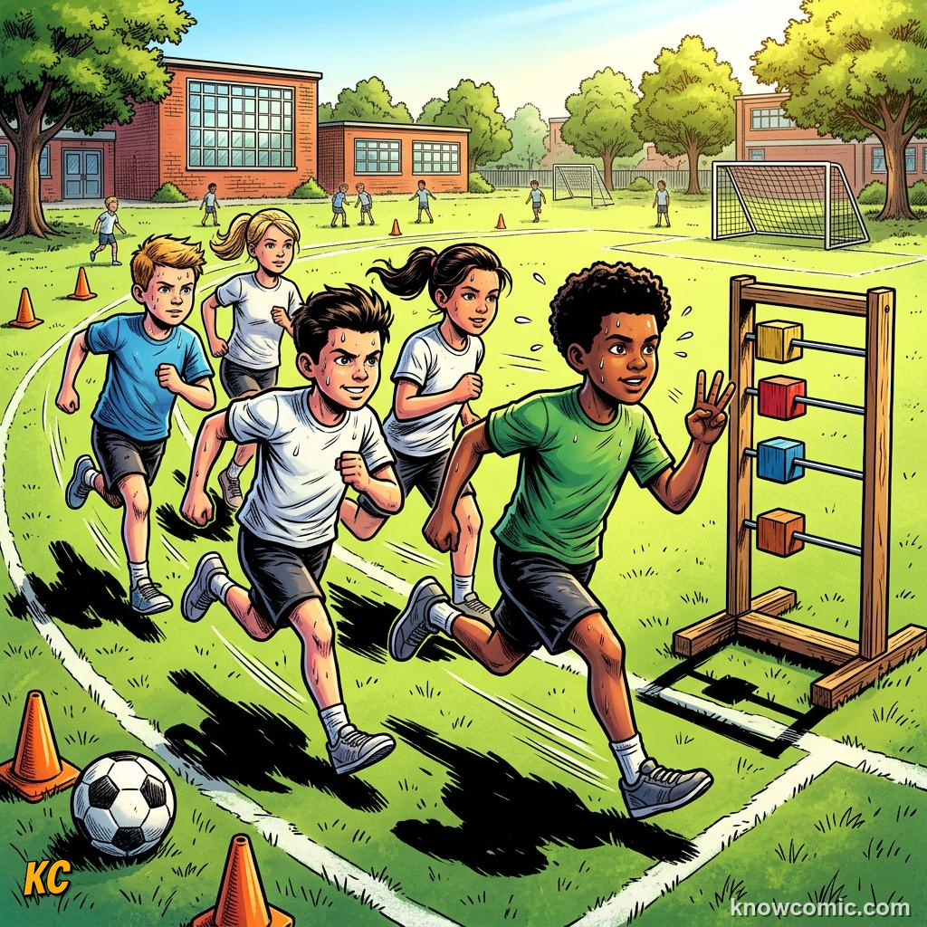 Comic panel labelled fuel, illustrating footballer fitness - 10 km a match in KnowComic's World Cup 2026 series