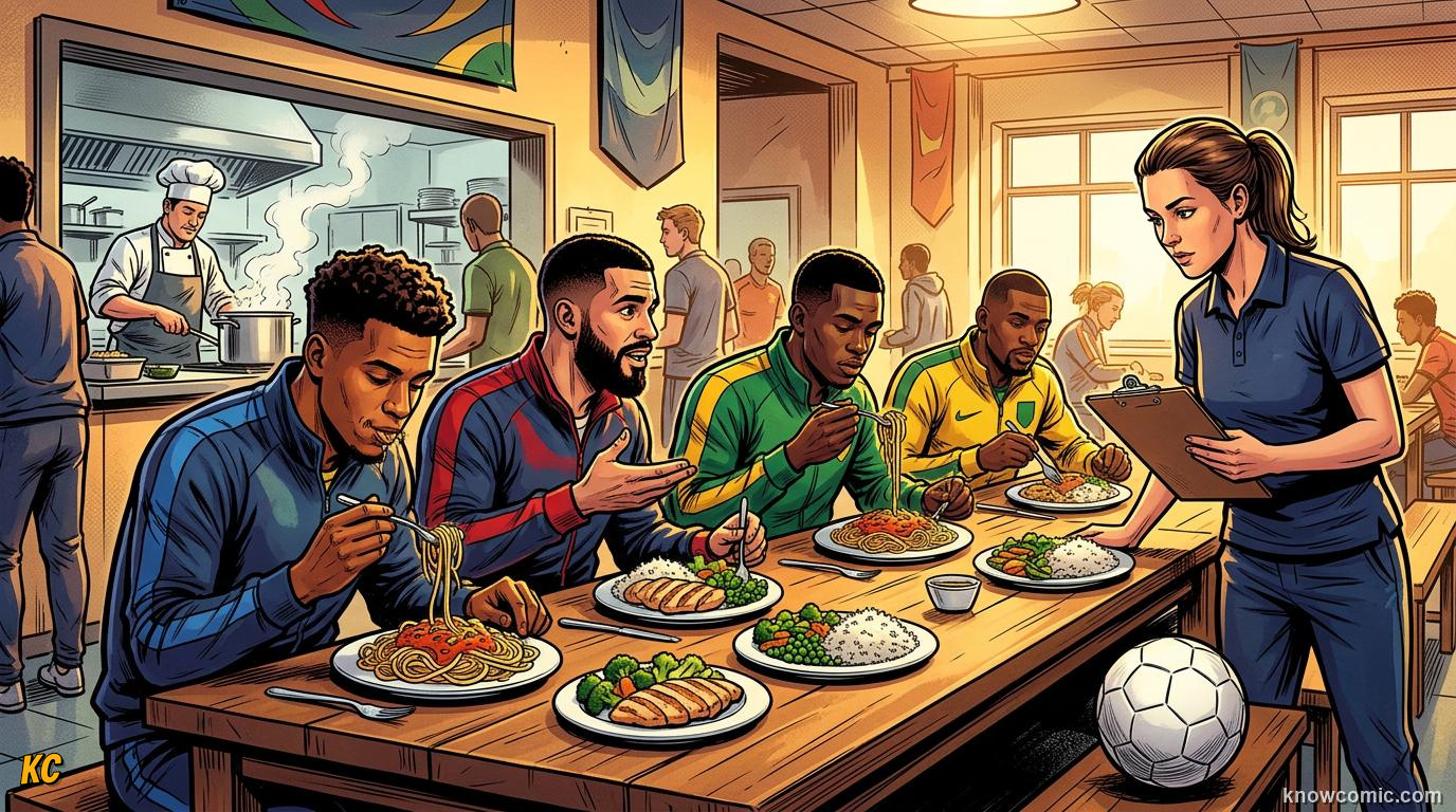 Comic panel titled eating for kickoff, labelled the carb load, from the KnowComic World Cup 2026 lesson on nutrition - fuel of champions