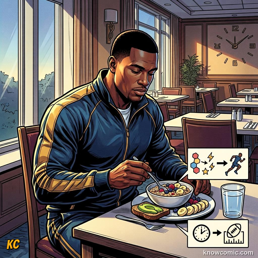Comic panel titled what's on the plate, labelled glycogen, from the KnowComic World Cup 2026 lesson on nutrition - fuel of champions