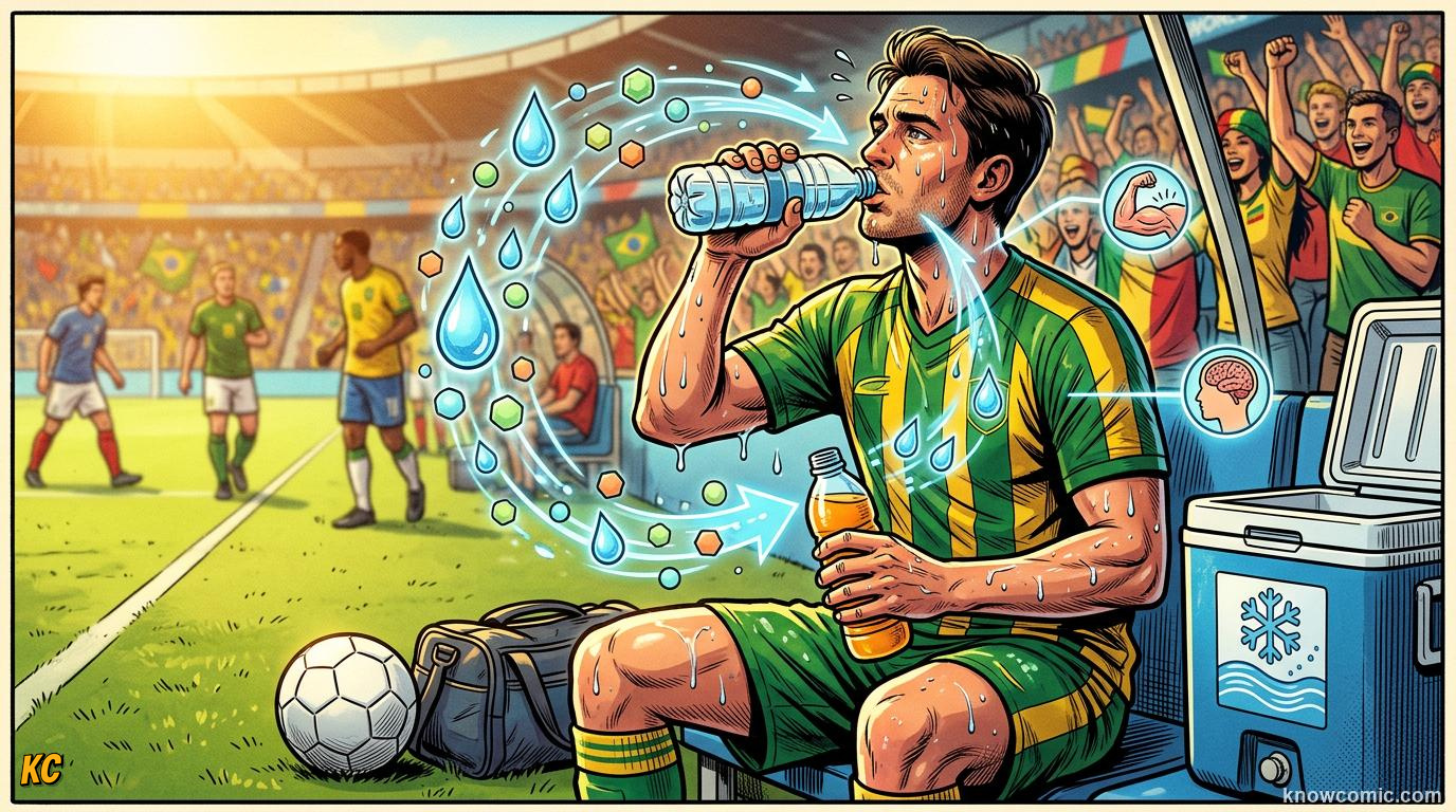 Comic panel titled what's on the plate, labelled team dining room, from the KnowComic World Cup 2026 lesson on nutrition - fuel of champions