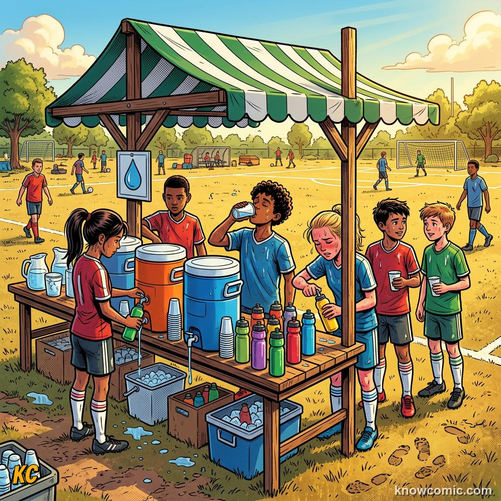 Comic panel titled why hydration wins games, labelled breakfast, from the KnowComic World Cup 2026 lesson on nutrition - fuel of champions