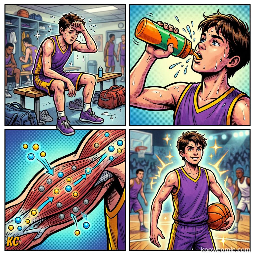 Comic panel titled why hydration wins games, labelled halftime, from the KnowComic World Cup 2026 lesson on nutrition - fuel of champions