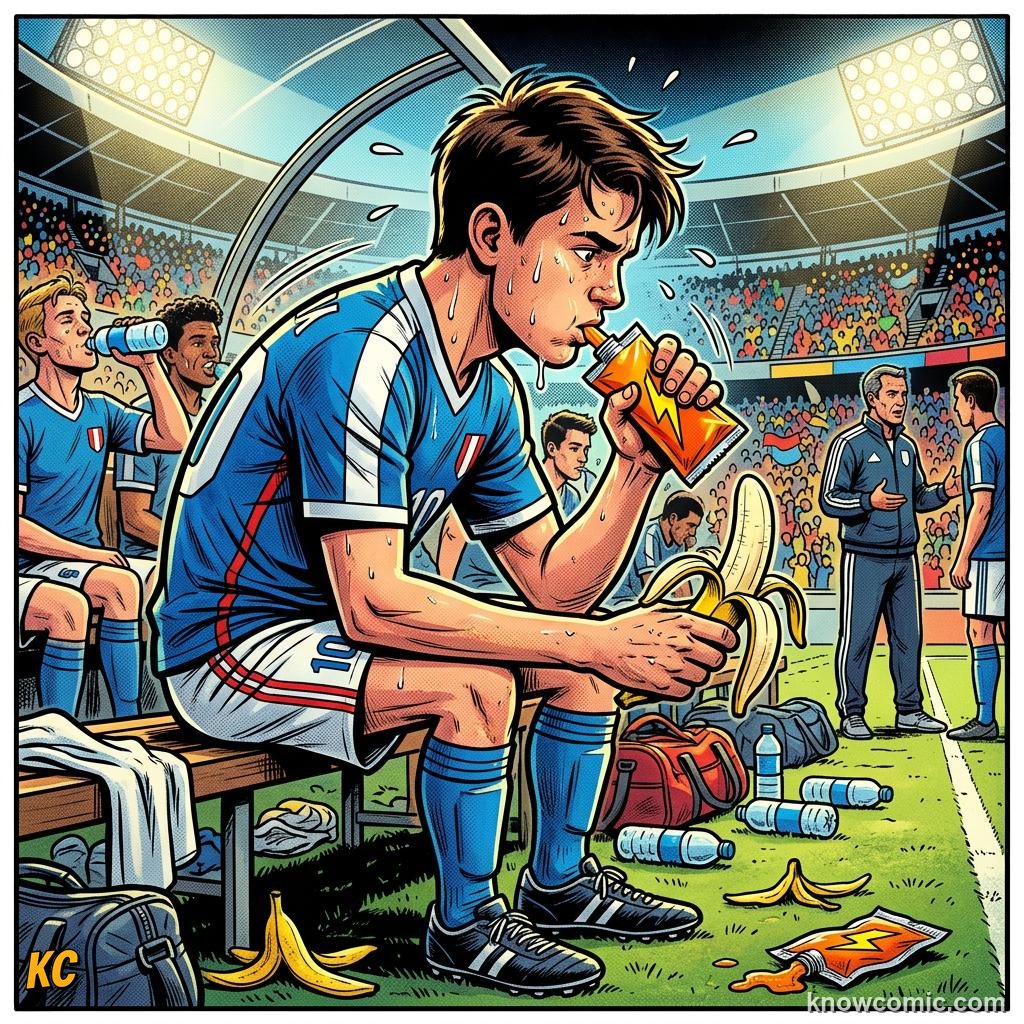 Comic panel titled why hydration wins games, labelled sweat, from the KnowComic World Cup 2026 lesson on nutrition - fuel of champions