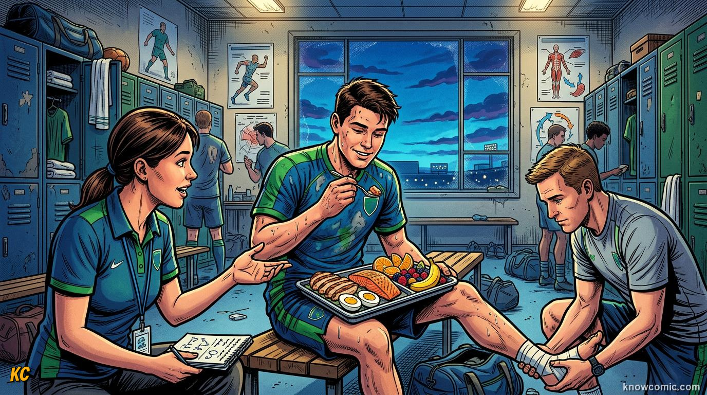 Comic panel titled protein repairs the engine, labelled after the whistle, from the KnowComic World Cup 2026 lesson on nutrition - fuel of champions