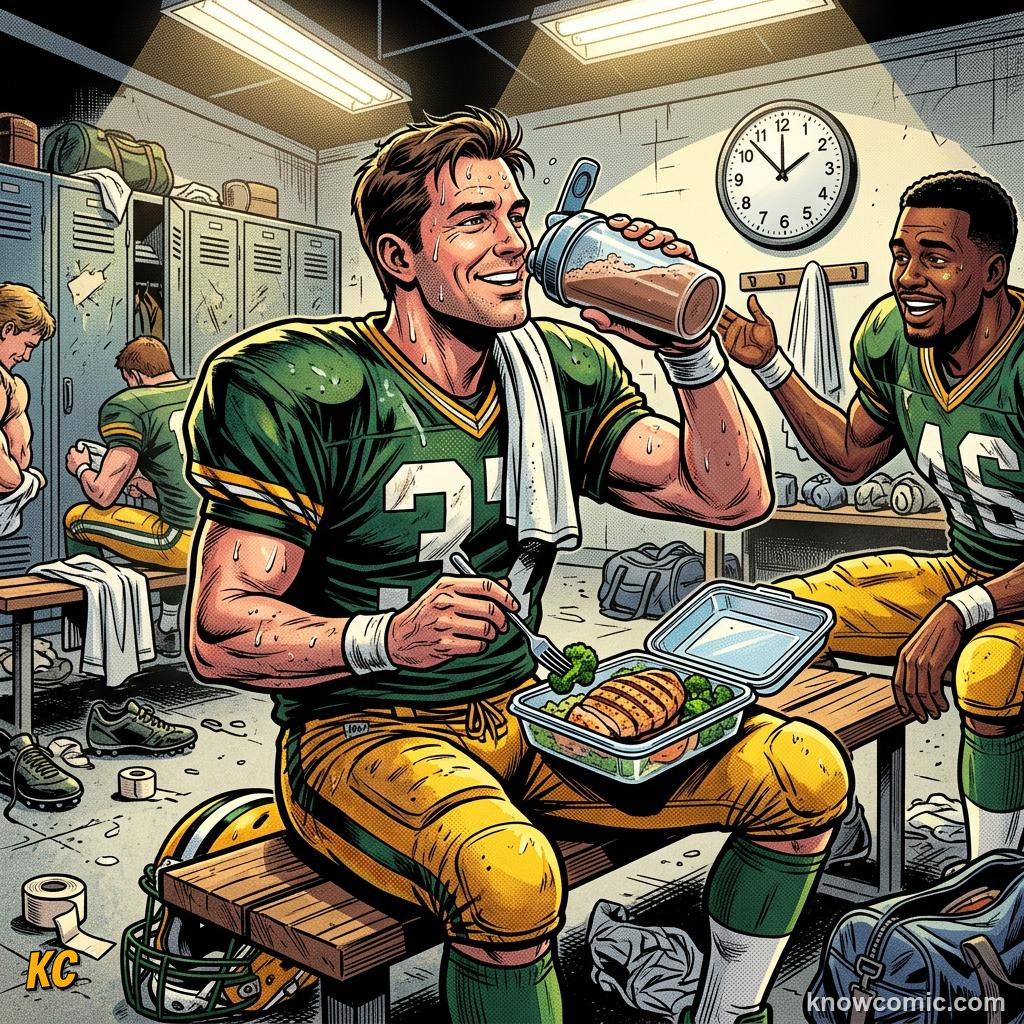 Comic panel titled nutrition at world cup 2026, labelled protein, from the KnowComic World Cup 2026 lesson on nutrition - fuel of champions