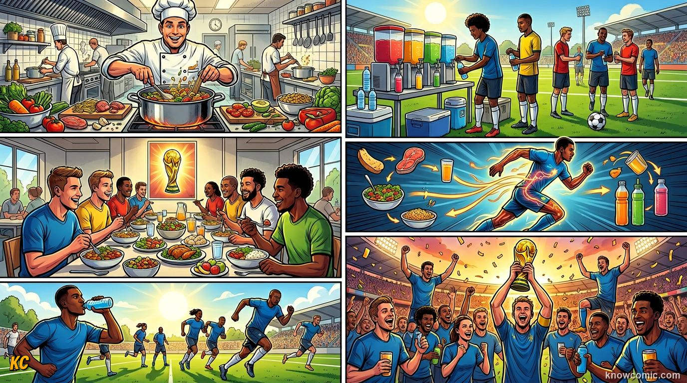 Comic panel titled nutrition at world cup 2026, labelled team kitchen, from the KnowComic World Cup 2026 lesson on nutrition - fuel of champions