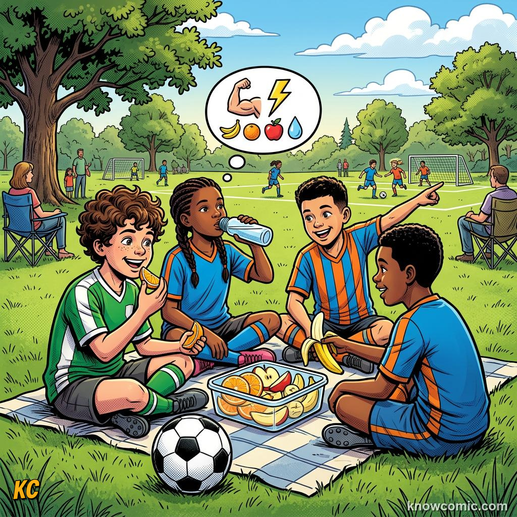 Comic panel labelled travel, illustrating nutrition - fuel of champions in KnowComic's World Cup 2026 series