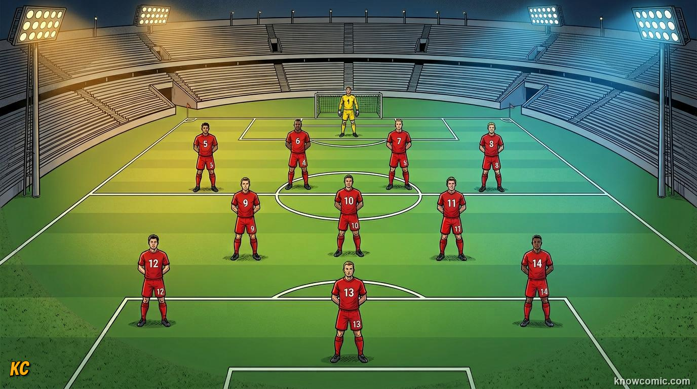 Comic panel titled eleven players, eleven jobs, labelled the team map, from the KnowComic World Cup 2026 lesson on positions: keeper to striker