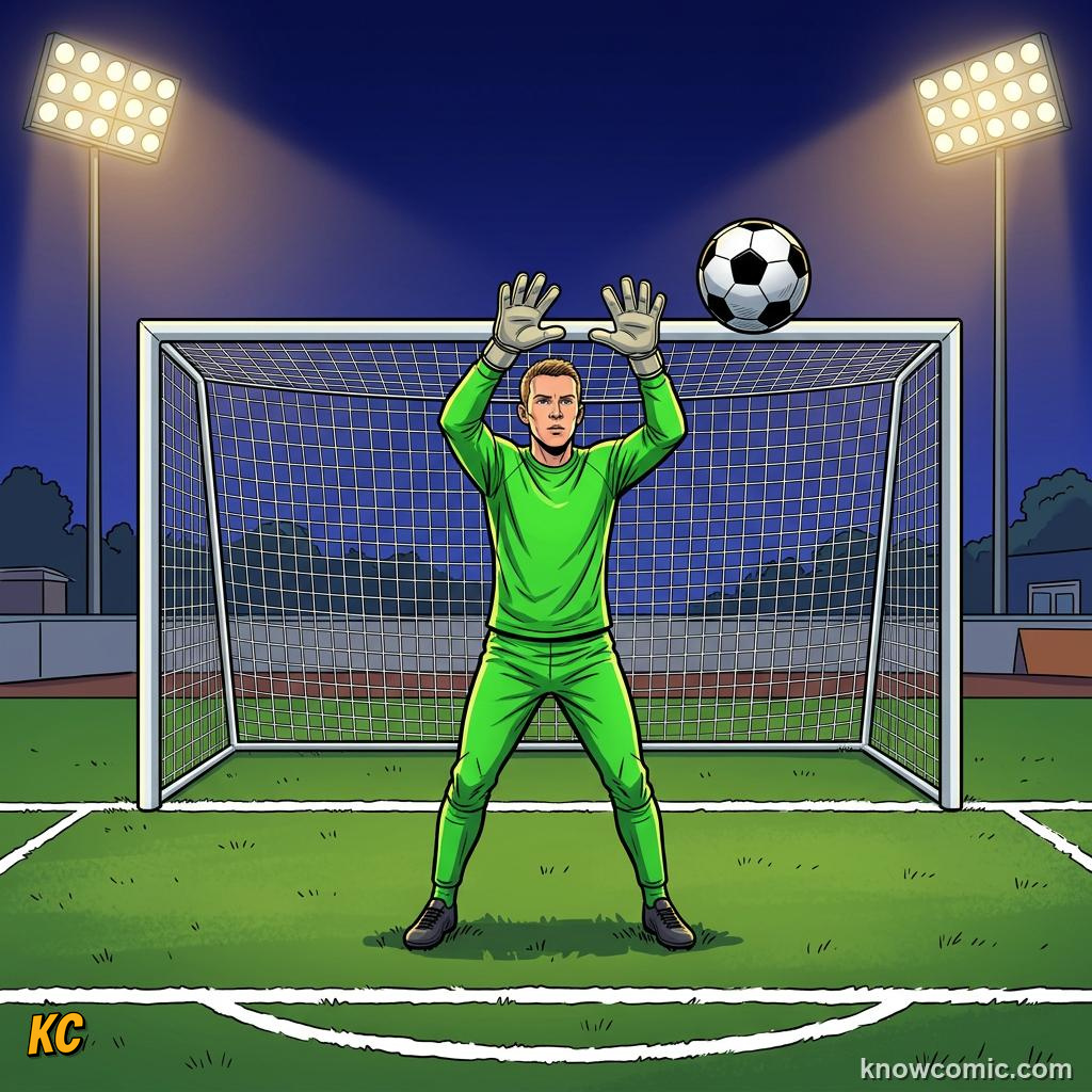 Comic panel titled the last line of defence, labelled goalkeeper, from the KnowComic World Cup 2026 lesson on positions: keeper to striker