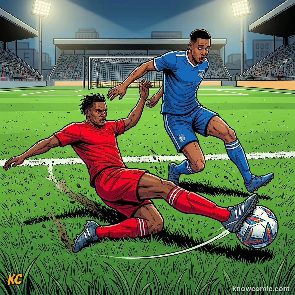 Comic panel titled the last line of defence, labelled defender, from the KnowComic World Cup 2026 lesson on positions: keeper to striker