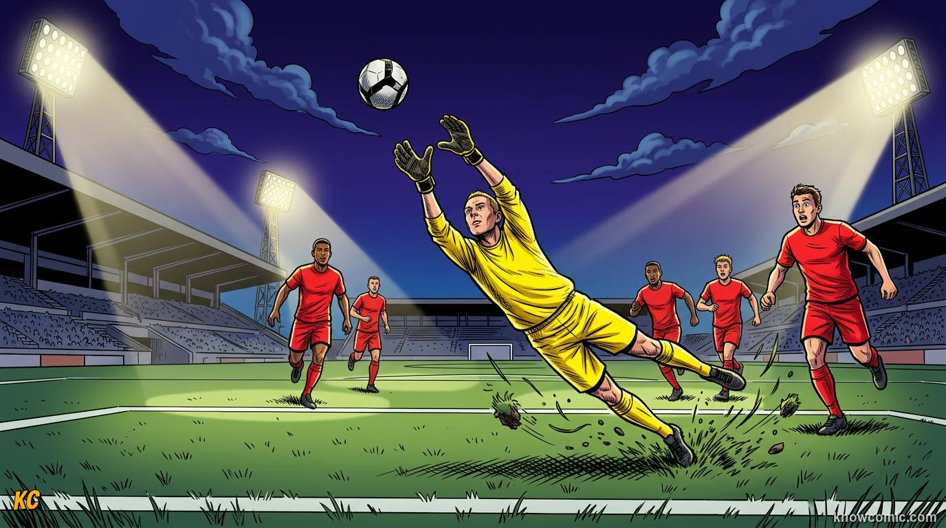 Comic panel titled the last line of defence, labelled the goalkeeper, from the KnowComic World Cup 2026 lesson on positions: keeper to striker