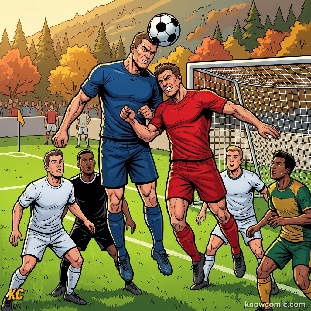 Comic panel titled the heart of the team, labelled centre-back, from the KnowComic World Cup 2026 lesson on positions: keeper to striker