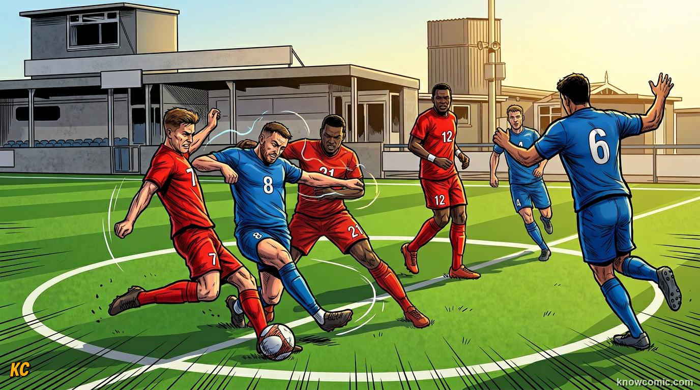 Comic panel titled the heart of the team, labelled midfield magic, from the KnowComic World Cup 2026 lesson on positions: keeper to striker