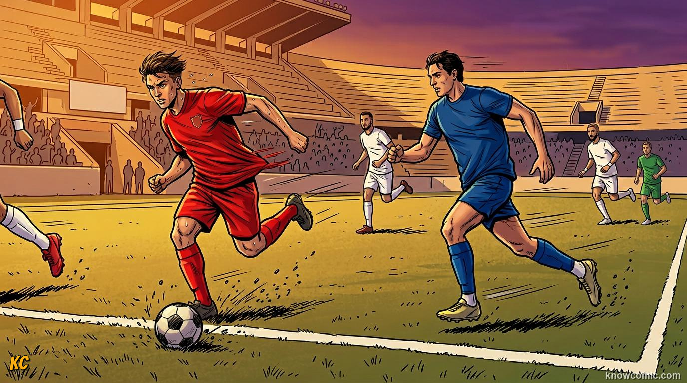 Comic panel titled speed down the sidelines, labelled the wingers, from the KnowComic World Cup 2026 lesson on positions: keeper to striker