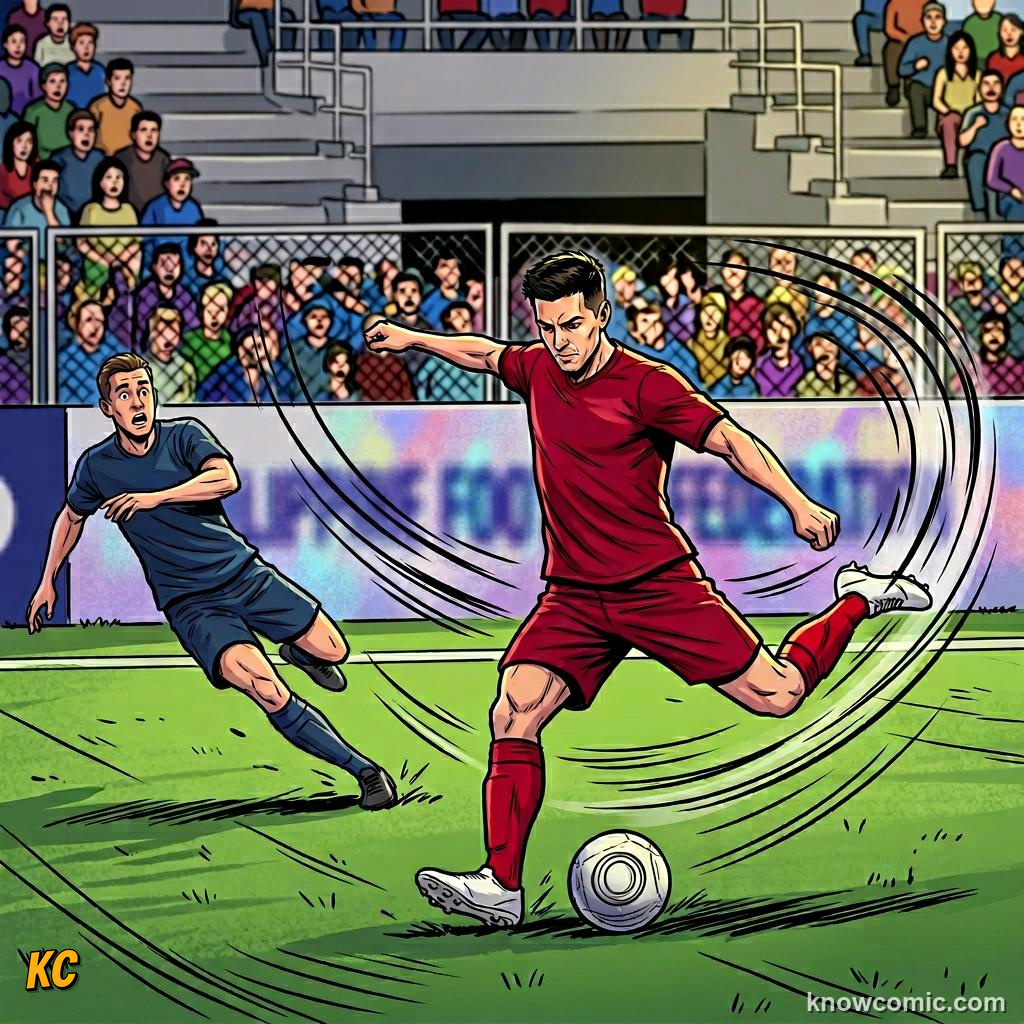 Comic panel titled the player who scores, labelled left winger, from the KnowComic World Cup 2026 lesson on positions: keeper to striker
