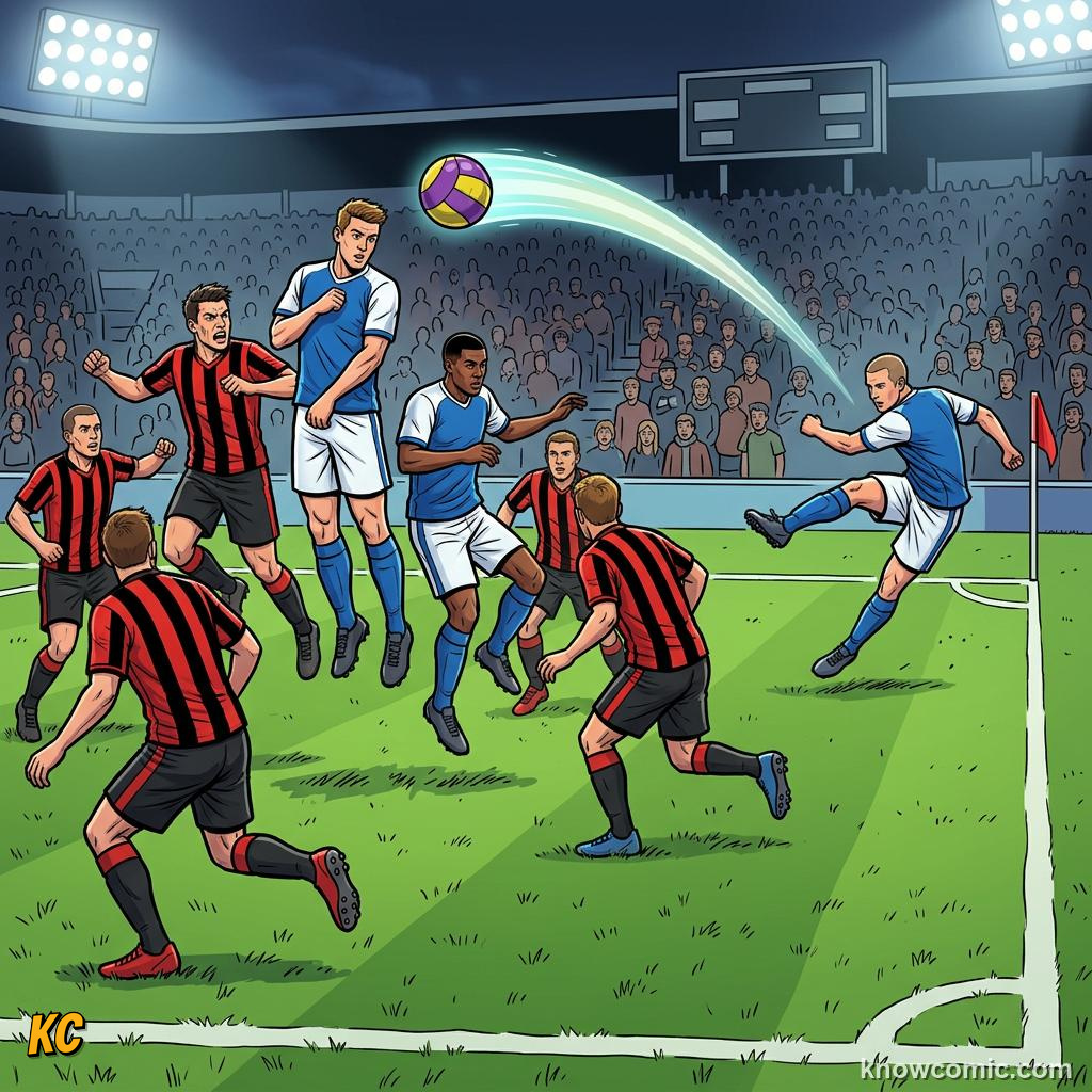 Comic panel titled the player who scores, labelled right winger, from the KnowComic World Cup 2026 lesson on positions: keeper to striker