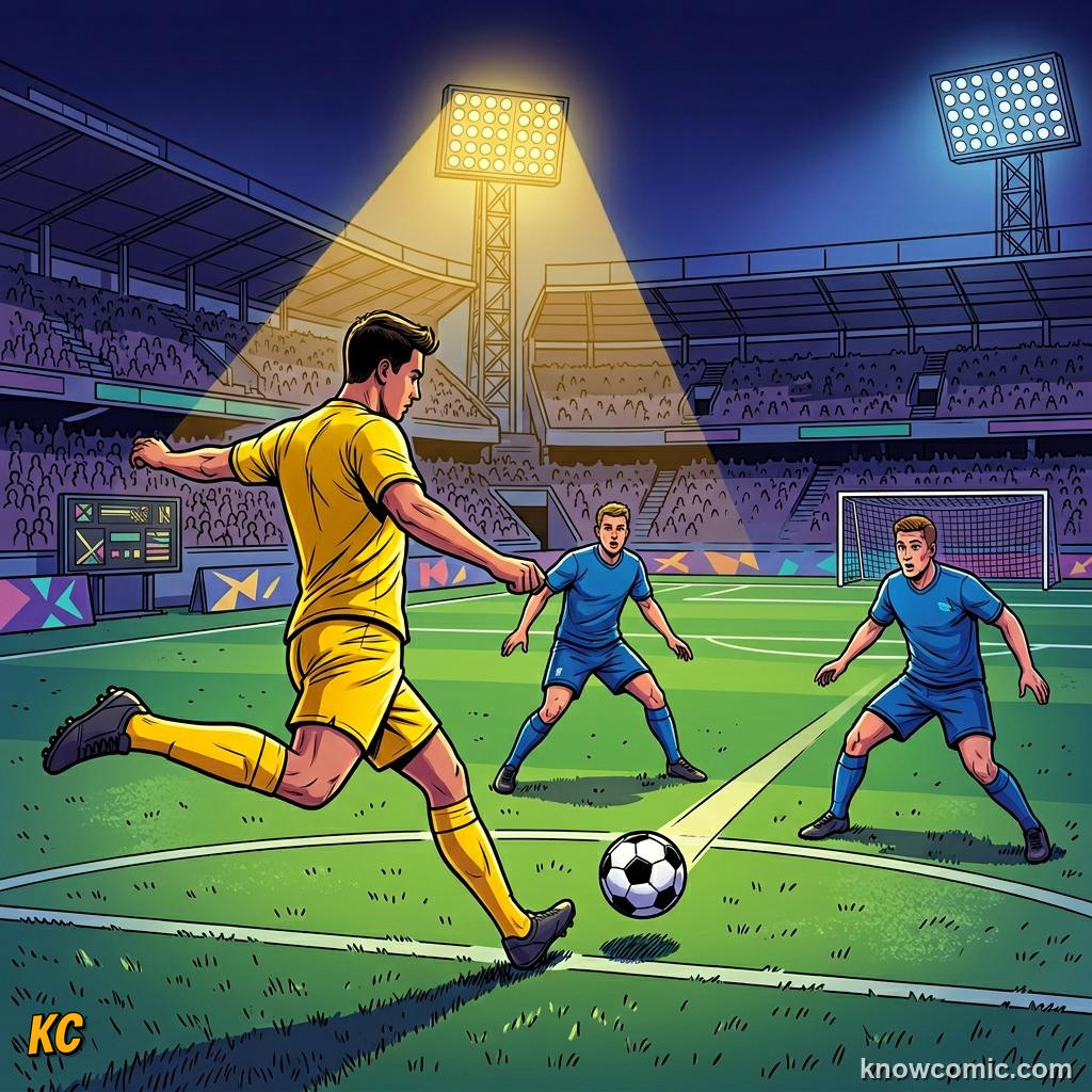 Comic panel titled the player who scores, labelled playmaker, from the KnowComic World Cup 2026 lesson on positions: keeper to striker
