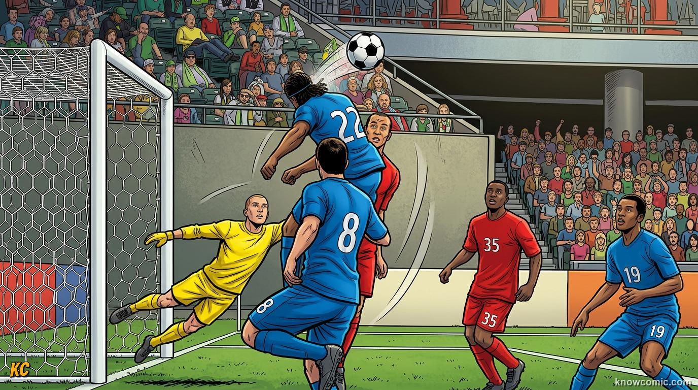 Comic panel titled the player who scores, labelled the striker, from the KnowComic World Cup 2026 lesson on positions: keeper to striker