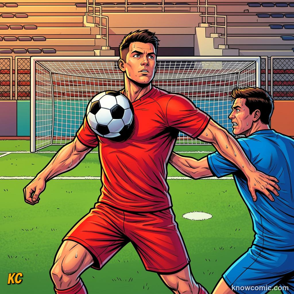Comic panel labelled centre forward, illustrating positions: keeper to striker in KnowComic's World Cup 2026 series