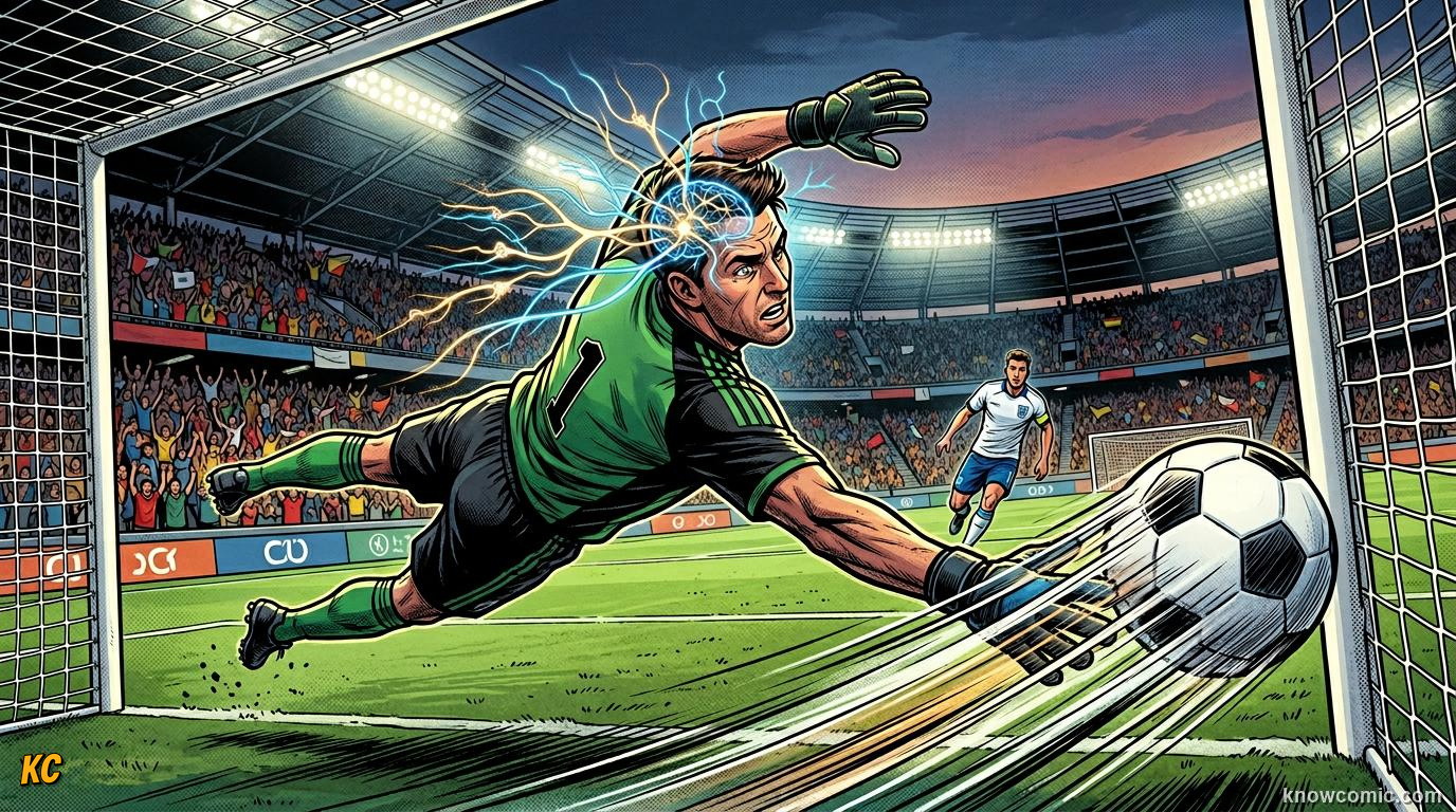 Comic panel titled less than half a second, labelled penalty spot, from the KnowComic World Cup 2026 lesson on reaction time: the keeper's brain