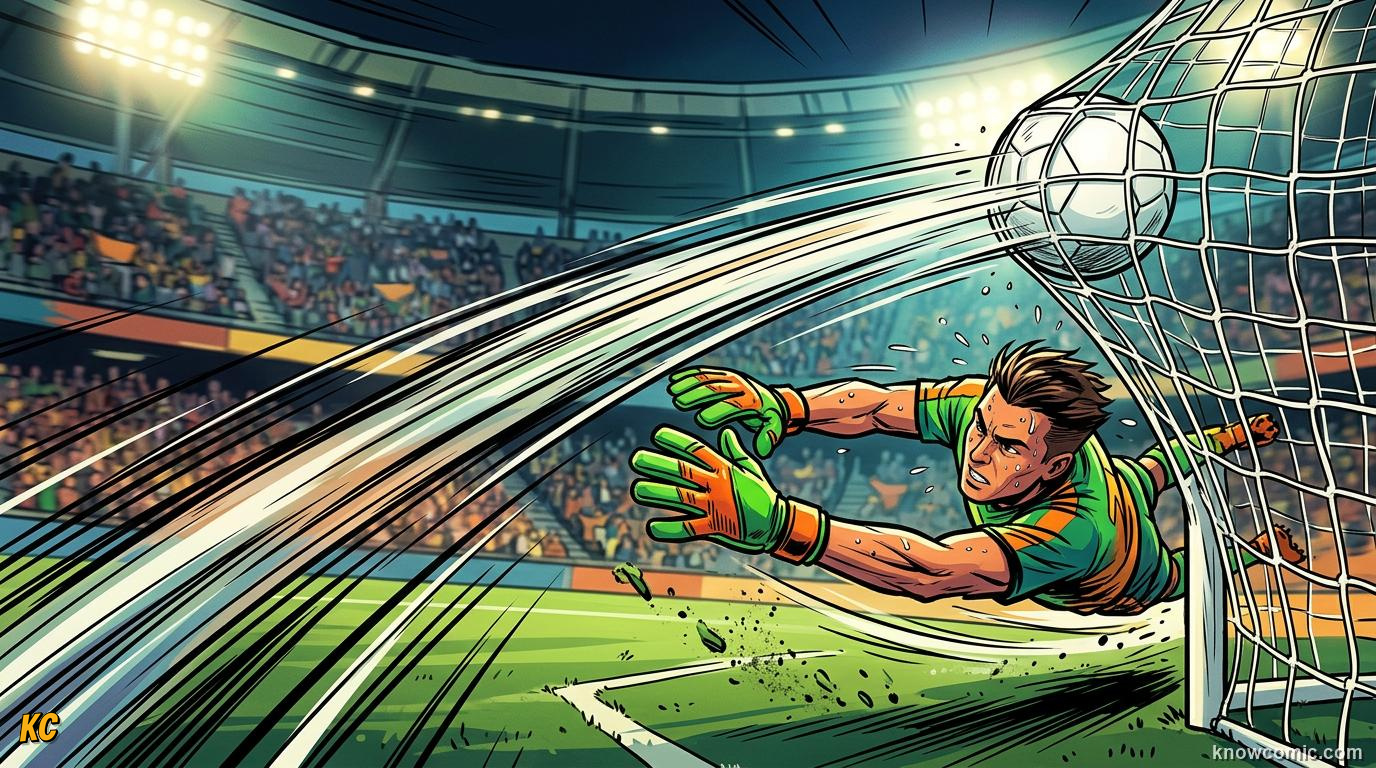 Comic panel titled how reaction time works, labelled neural pathway, from the KnowComic World Cup 2026 lesson on reaction time: the keeper's brain