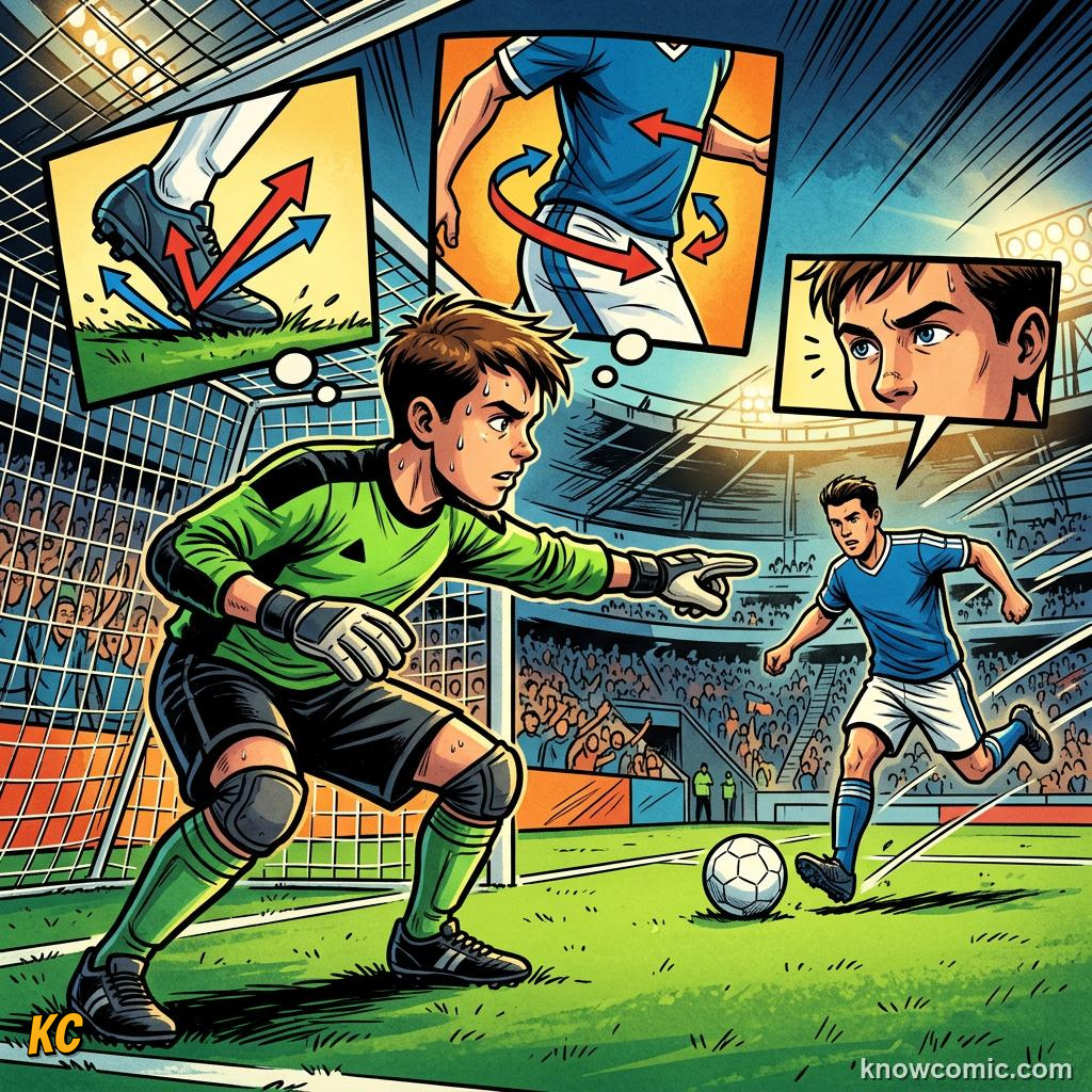 Comic panel titled reading the striker, labelled eyes, from the KnowComic World Cup 2026 lesson on reaction time: the keeper's brain