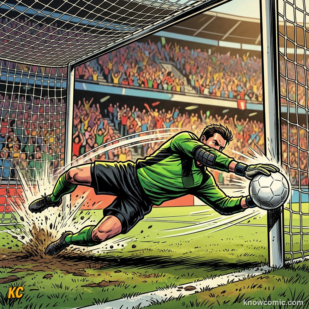 Comic panel titled reading the striker, labelled cortex, from the KnowComic World Cup 2026 lesson on reaction time: the keeper's brain