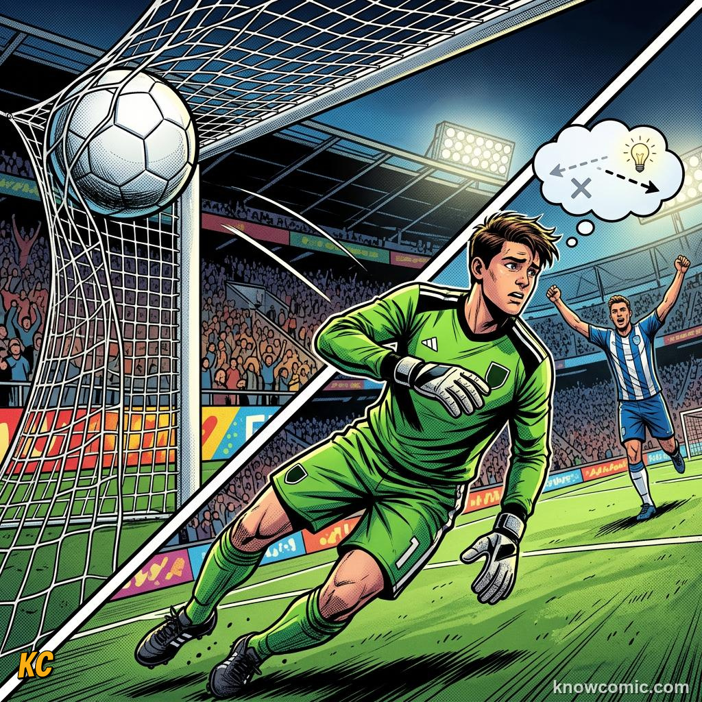 Comic panel titled reading the striker, labelled muscles, from the KnowComic World Cup 2026 lesson on reaction time: the keeper's brain
