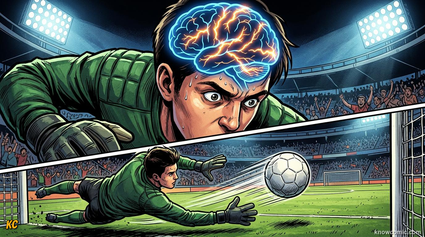 Comic panel titled reading the striker, labelled perception science, from the KnowComic World Cup 2026 lesson on reaction time: the keeper's brain