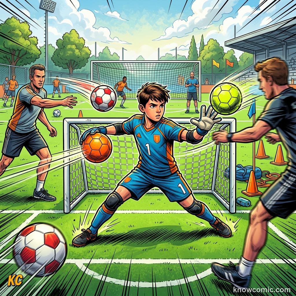 Comic panel titled reading the striker, labelled cues, from the KnowComic World Cup 2026 lesson on reaction time: the keeper's brain