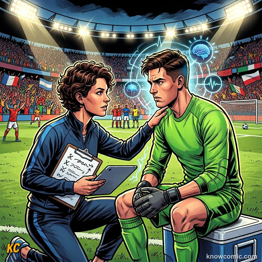 Comic panel titled reading the striker, labelled patterns, from the KnowComic World Cup 2026 lesson on reaction time: the keeper's brain