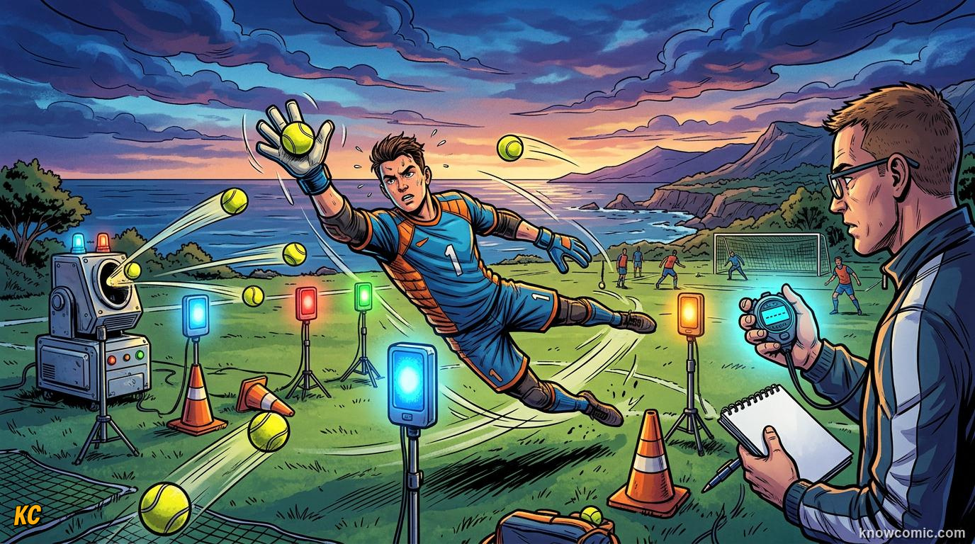 Comic panel titled reflexes are built, not born, labelled keeper camp, from the KnowComic World Cup 2026 lesson on reaction time: the keeper's brain