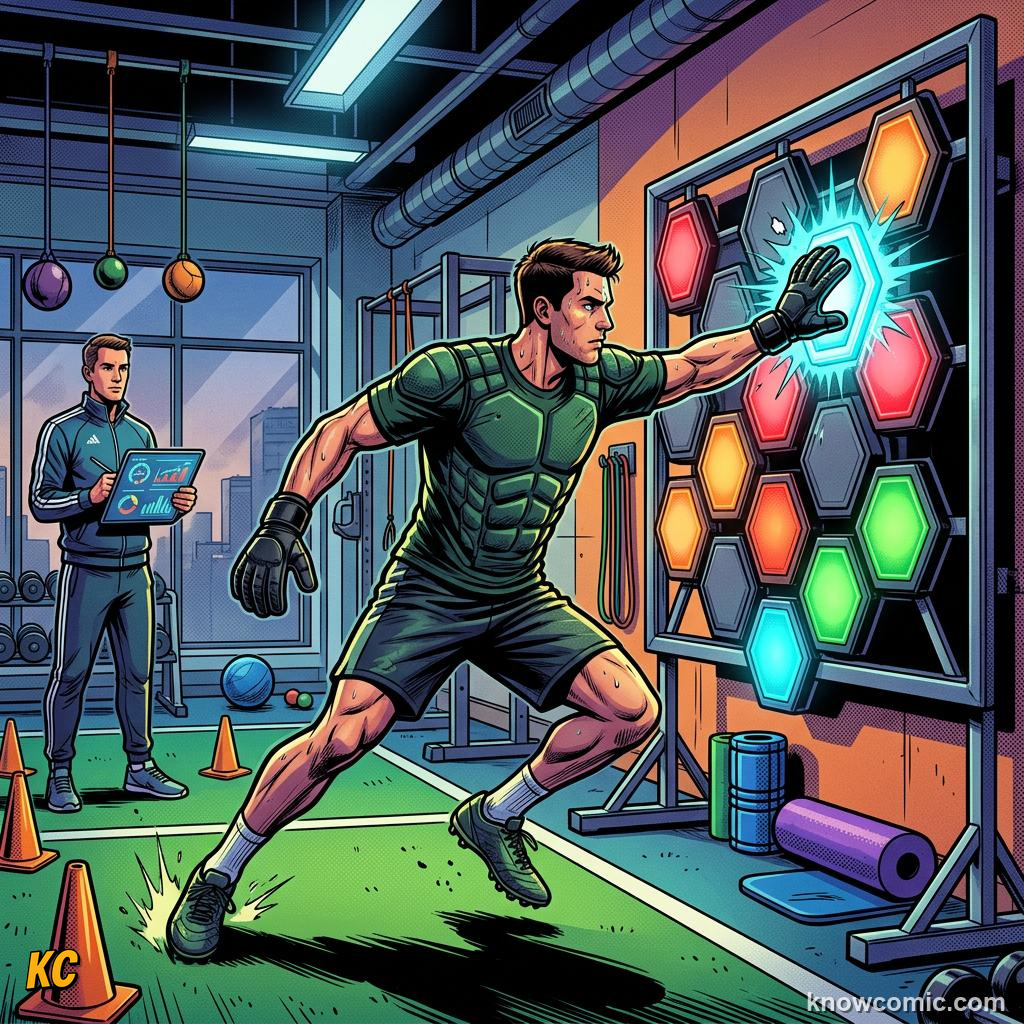 Comic panel titled when milliseconds win trophies, labelled lights, from the KnowComic World Cup 2026 lesson on reaction time: the keeper's brain