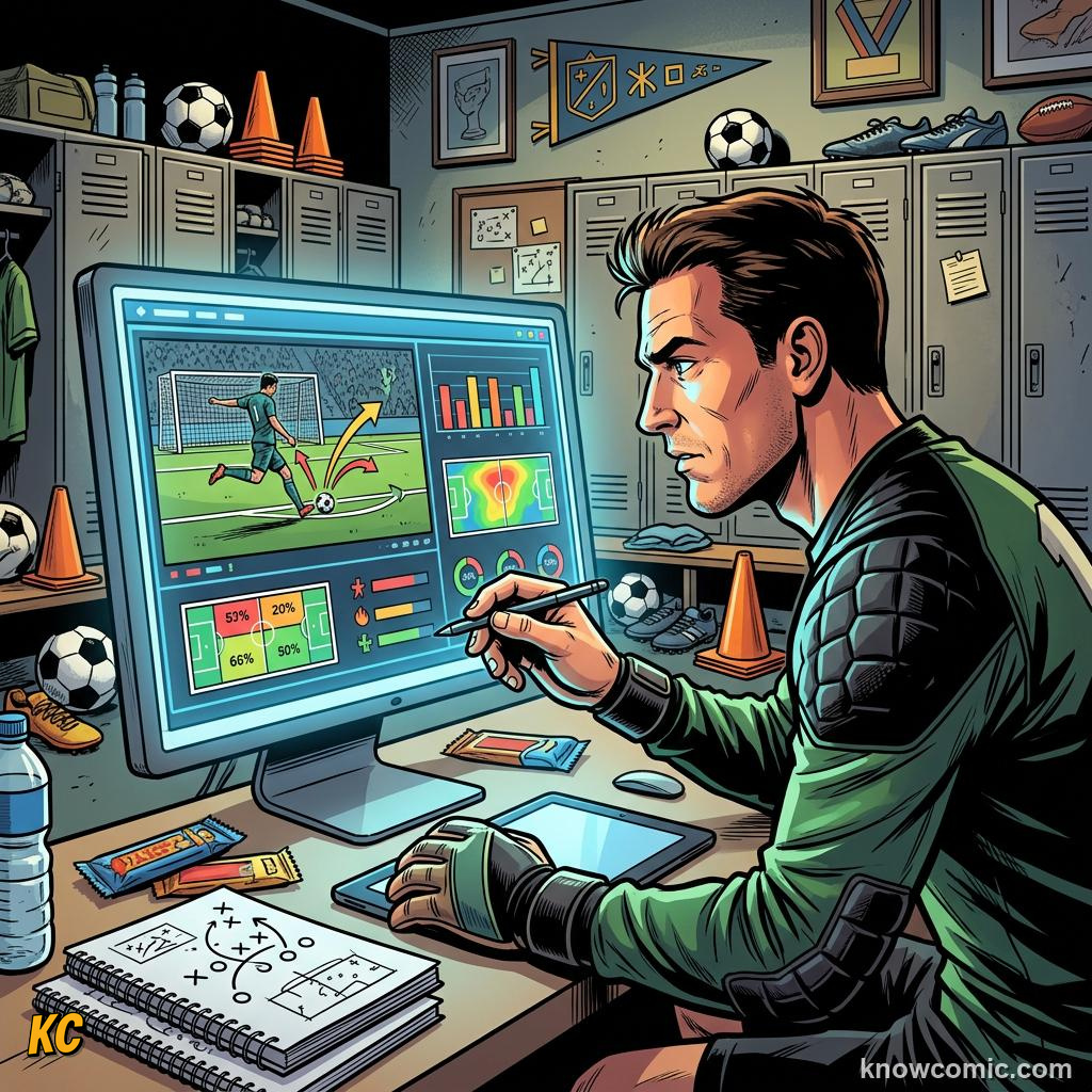 Comic panel titled when milliseconds win trophies, labelled penalties, from the KnowComic World Cup 2026 lesson on reaction time: the keeper's brain