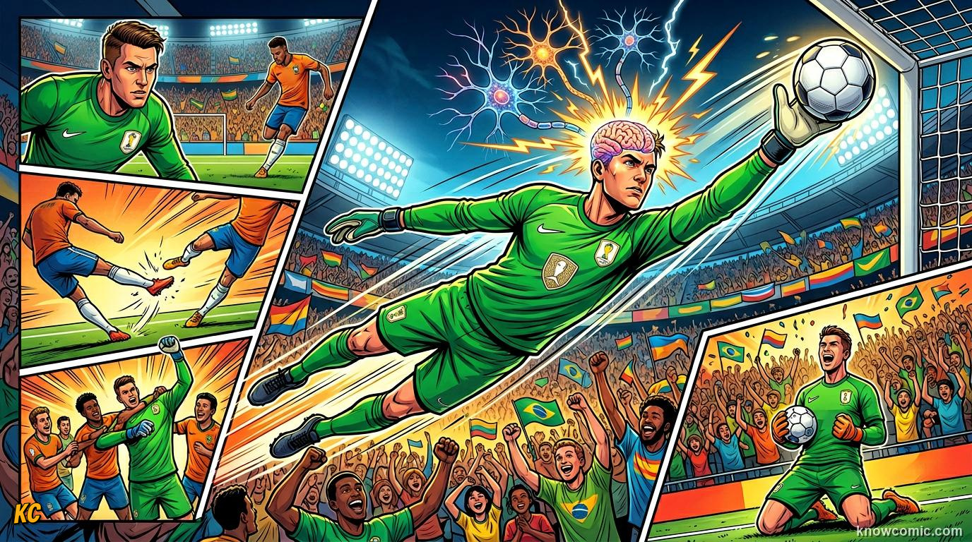 Comic panel titled when milliseconds win trophies, labelled world cup moment, from the KnowComic World Cup 2026 lesson on reaction time: the keeper's brain
