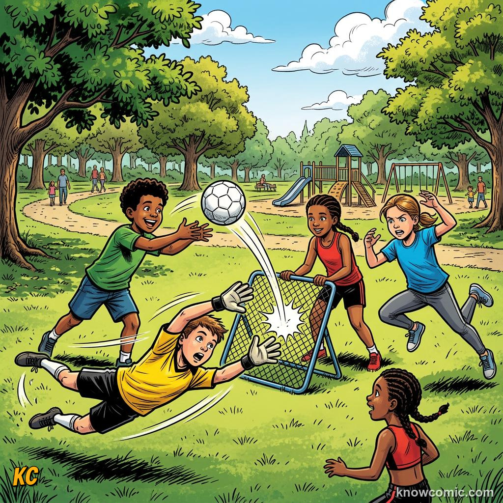 Comic panel labelled physics, illustrating reaction time: the keeper's brain in KnowComic's World Cup 2026 series