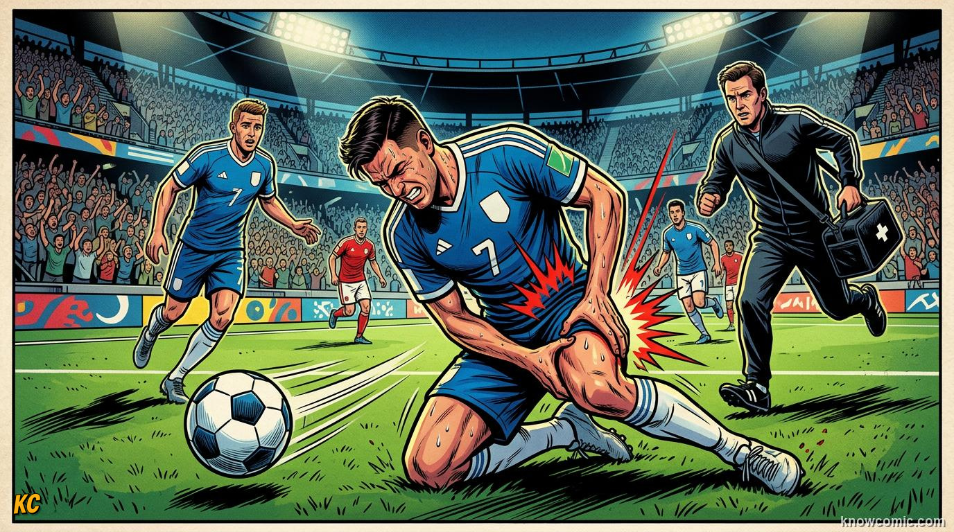 Comic panel titled when legs snap, labelled match day risk, from the KnowComic World Cup 2026 lesson on injuries & recovery science