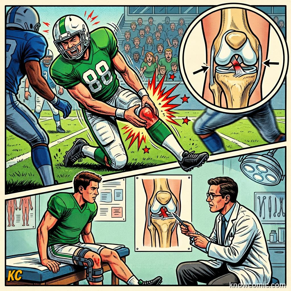 Comic panel titled doctors of the pitch, labelled acl, from the KnowComic World Cup 2026 lesson on injuries & recovery science