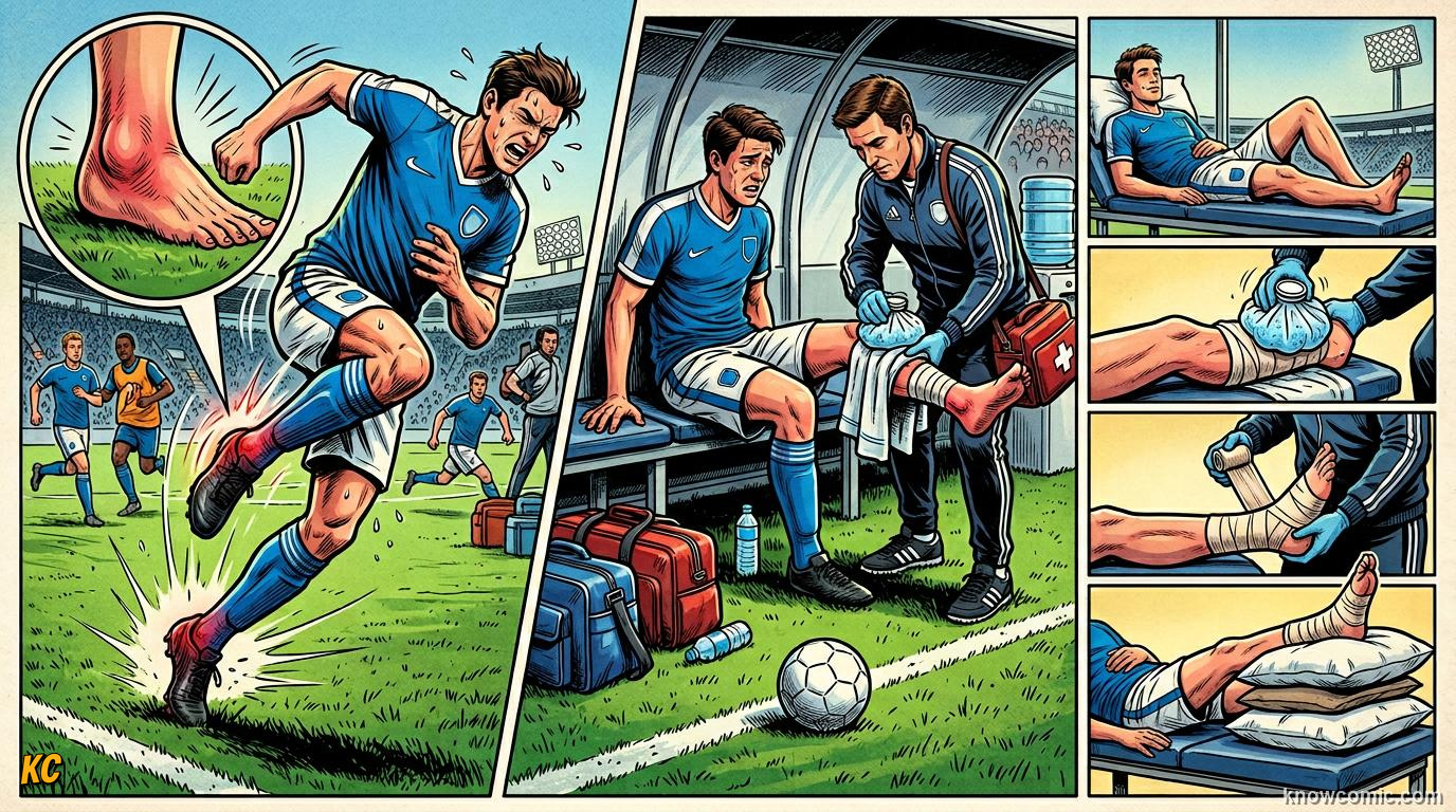 Comic panel titled doctors of the pitch, labelled sideline science, from the KnowComic World Cup 2026 lesson on injuries & recovery science