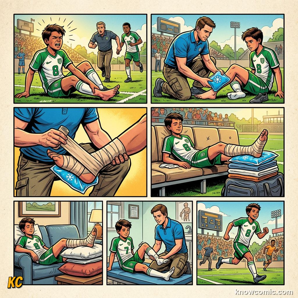 Comic panel titled first minutes matter, labelled assess, from the KnowComic World Cup 2026 lesson on injuries & recovery science