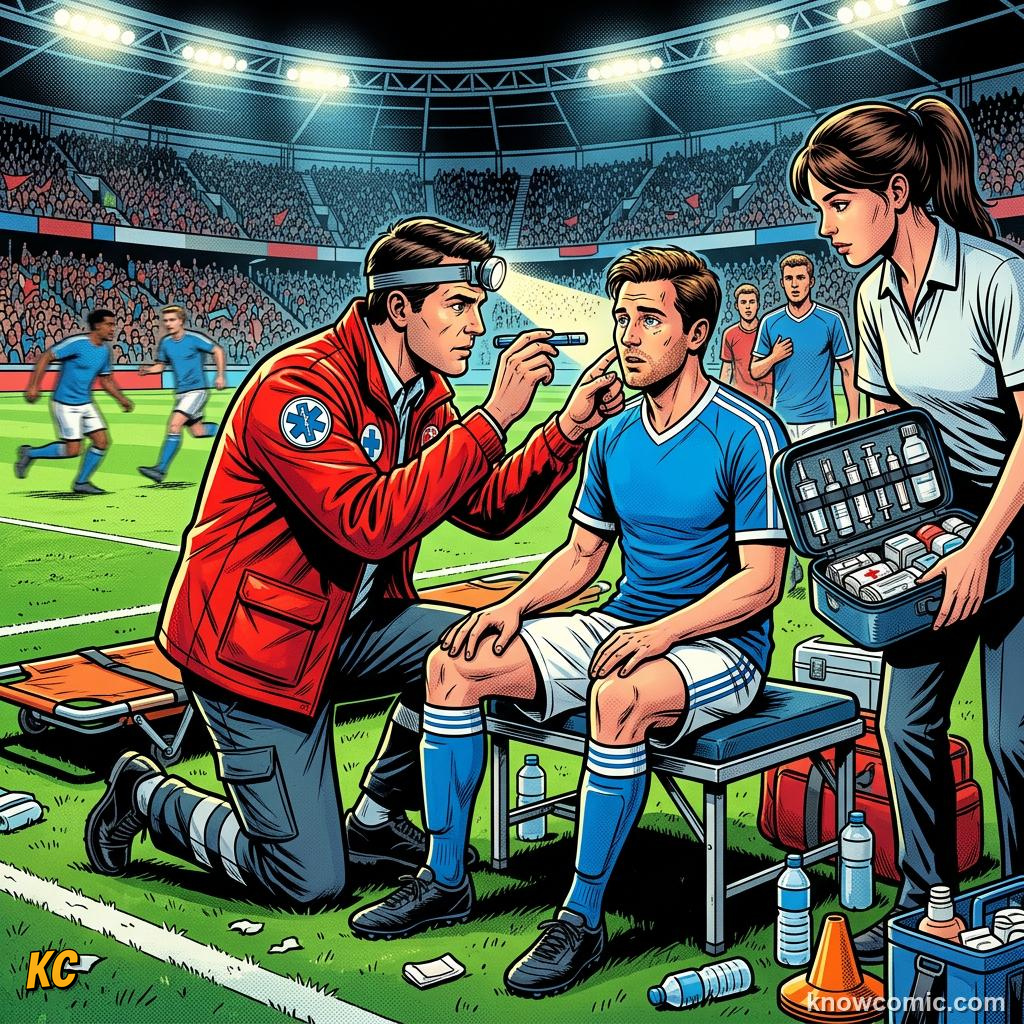 Comic panel titled first minutes matter, labelled treat, from the KnowComic World Cup 2026 lesson on injuries & recovery science