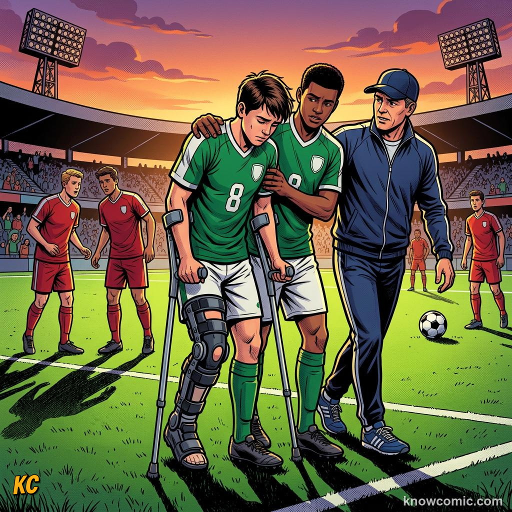 Comic panel titled first minutes matter, labelled rehab, from the KnowComic World Cup 2026 lesson on injuries & recovery science