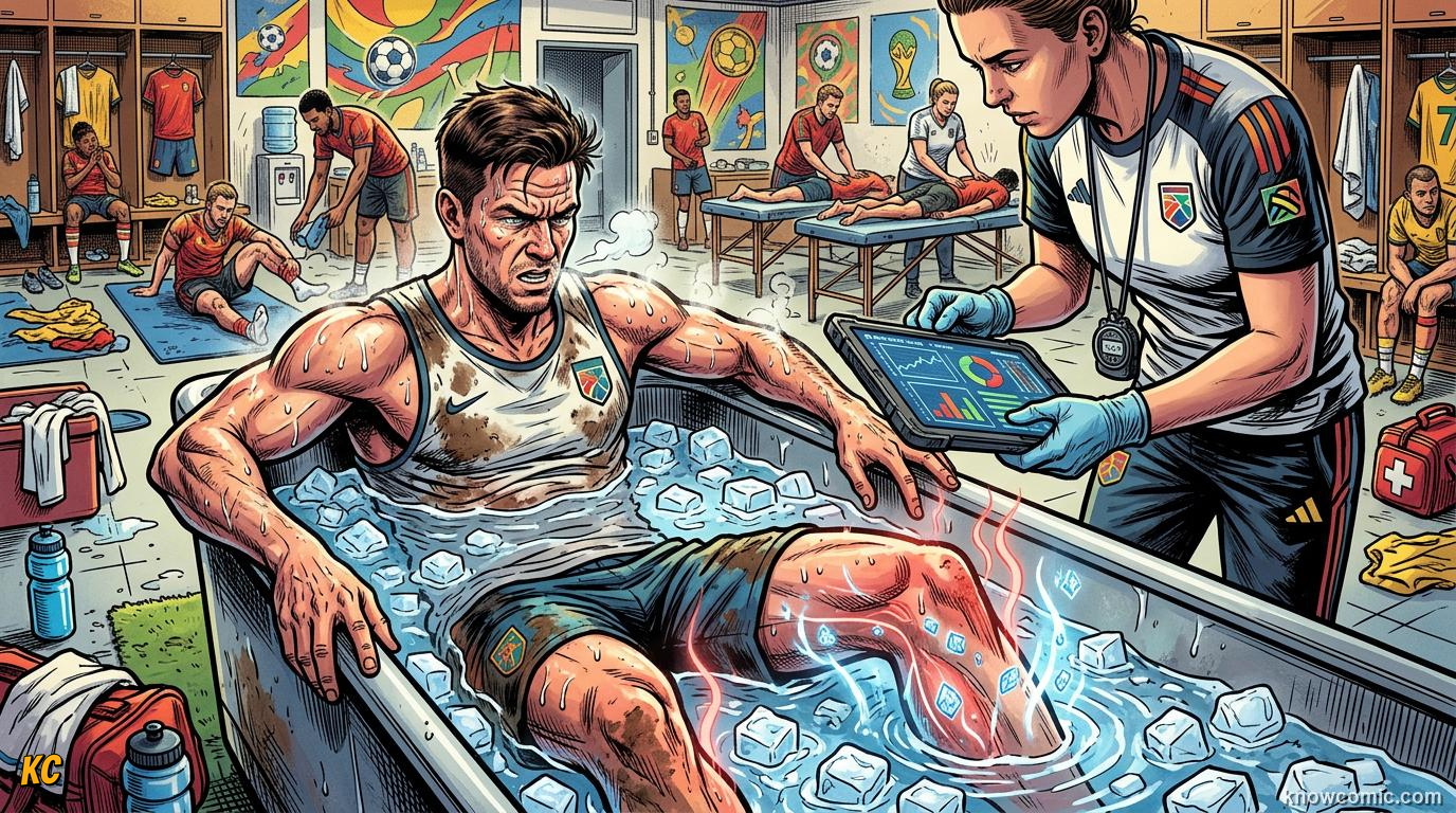 Comic panel titled first minutes matter, labelled rice method, from the KnowComic World Cup 2026 lesson on injuries & recovery science
