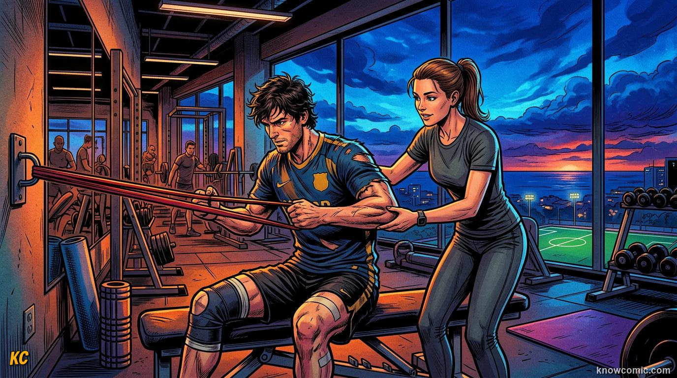 Comic panel titled the ice bath ritual, labelled cold science, from the KnowComic World Cup 2026 lesson on injuries & recovery science